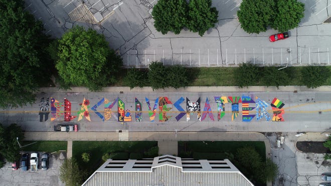 BLM Mural on Indiana Avenue; from Claudia Vinci's project on BLM Activists in Indianapolis, Indiana. Photo Credit: Joe Tamborello & Stephen Beard/IndyStar Drone