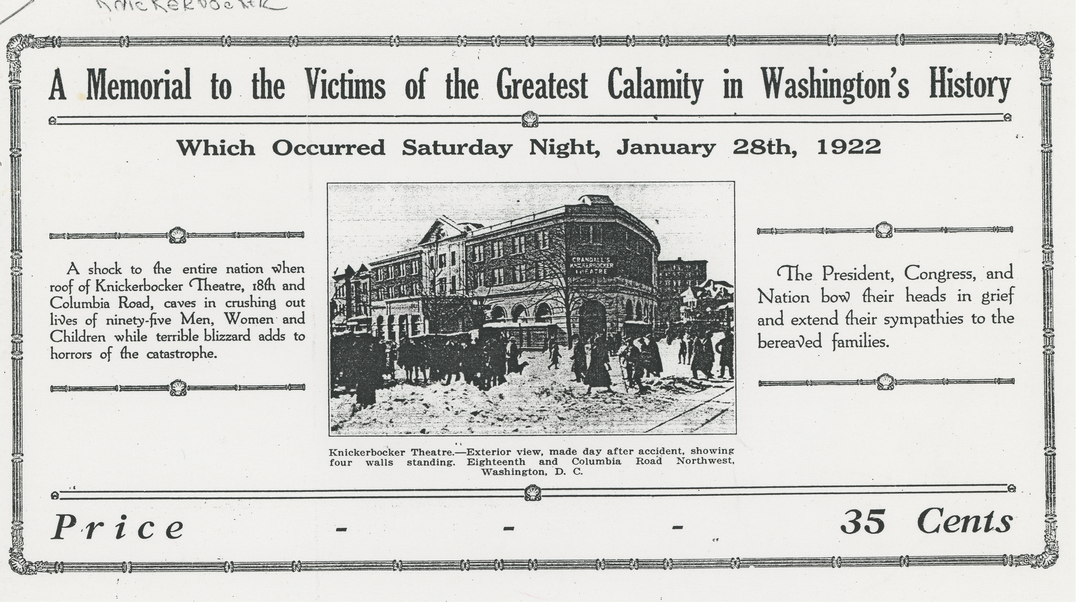 Newspaper clipping, headline "Memorial to the Victims of the Greatest Calamity in Washington's History." Clipping also includes photo of Knickerbocker Theatre